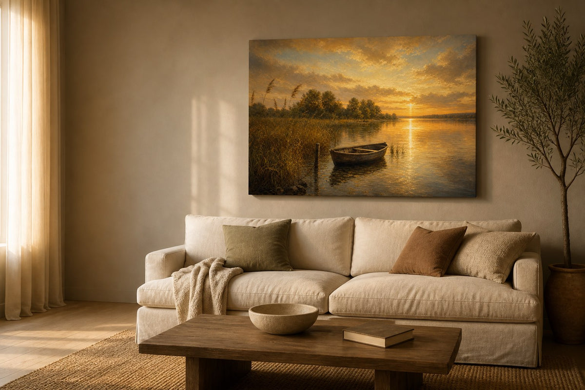 Christian living room decor — a wide canvas of a boat on still golden water hanging above a linen sofa in a warm living room