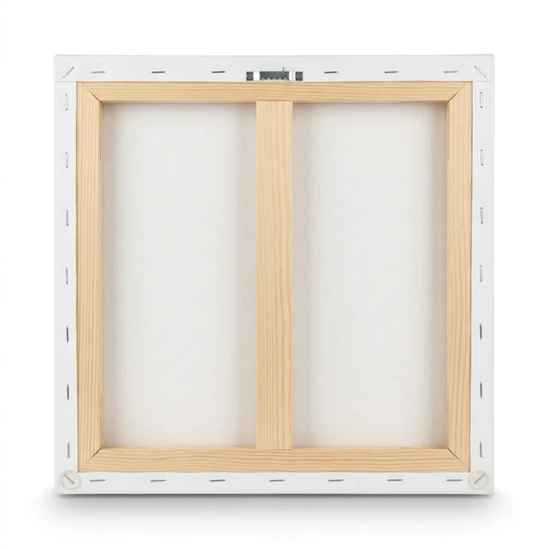 The back of every canvas — hanging hardware already on it.
