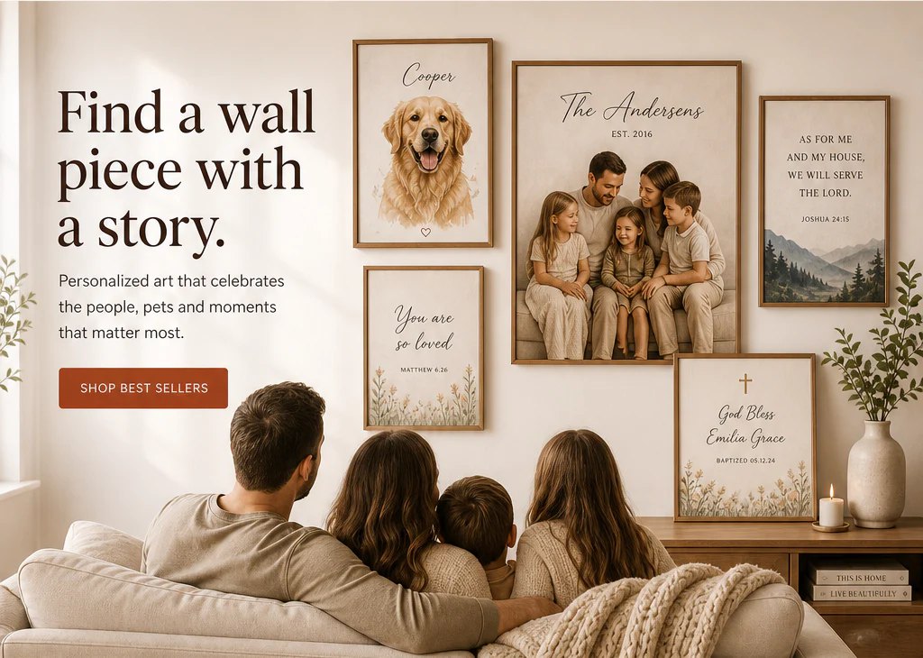 A warm gallery wall of canvas prints in a welcoming living room