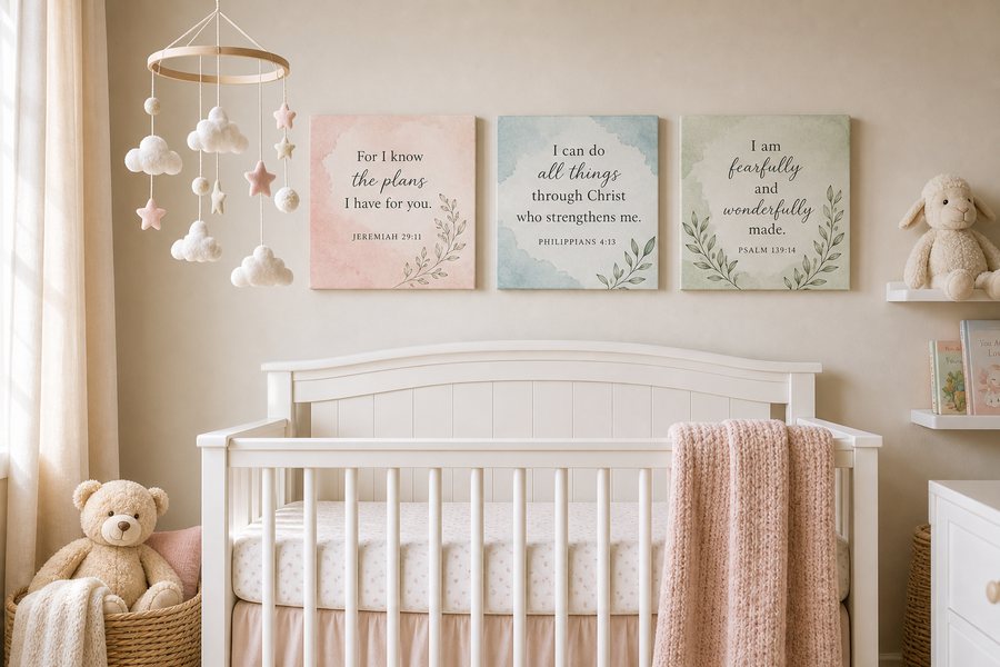 A canvas set hanging in a warm nursery