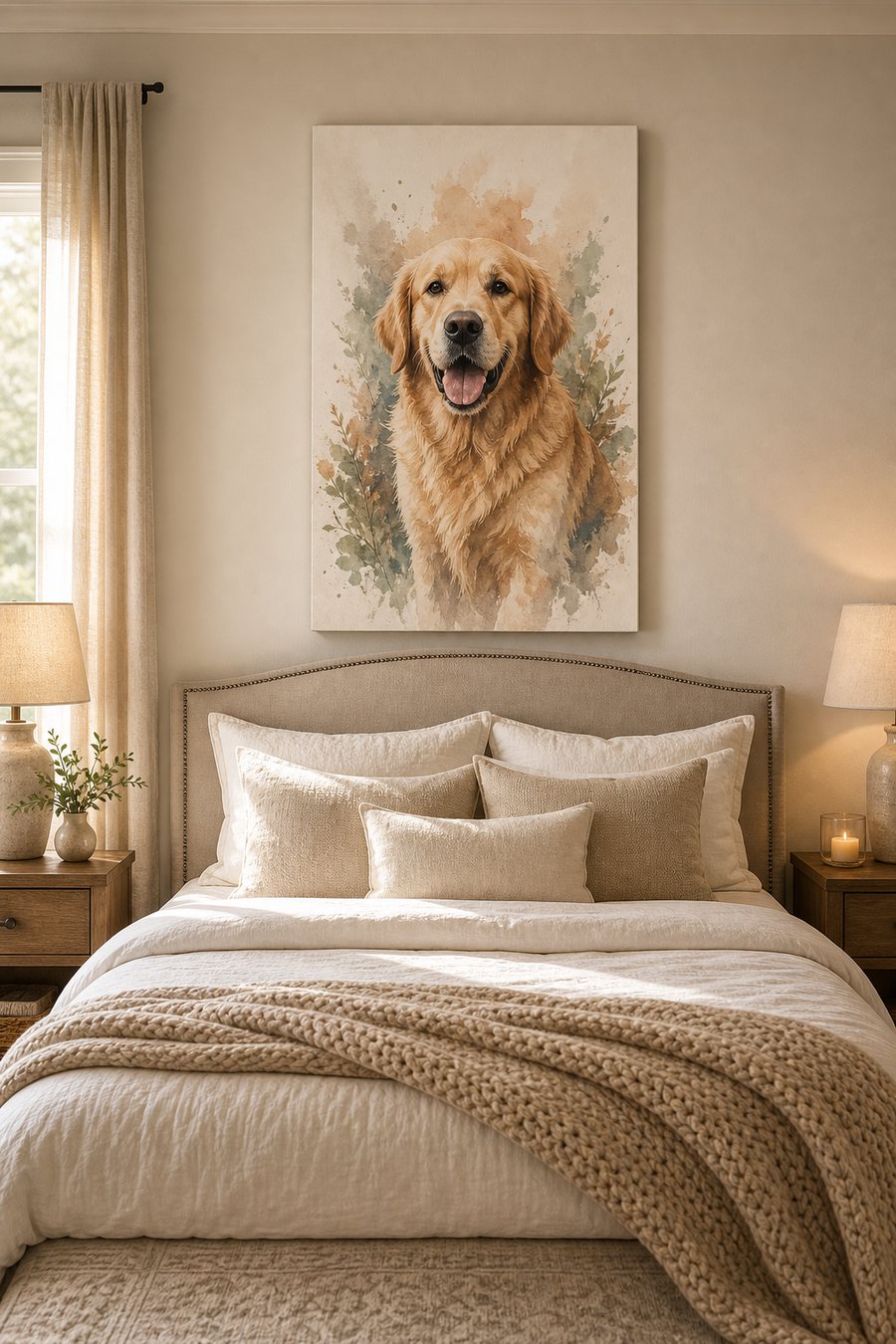 A watercolor canvas hanging above a bed