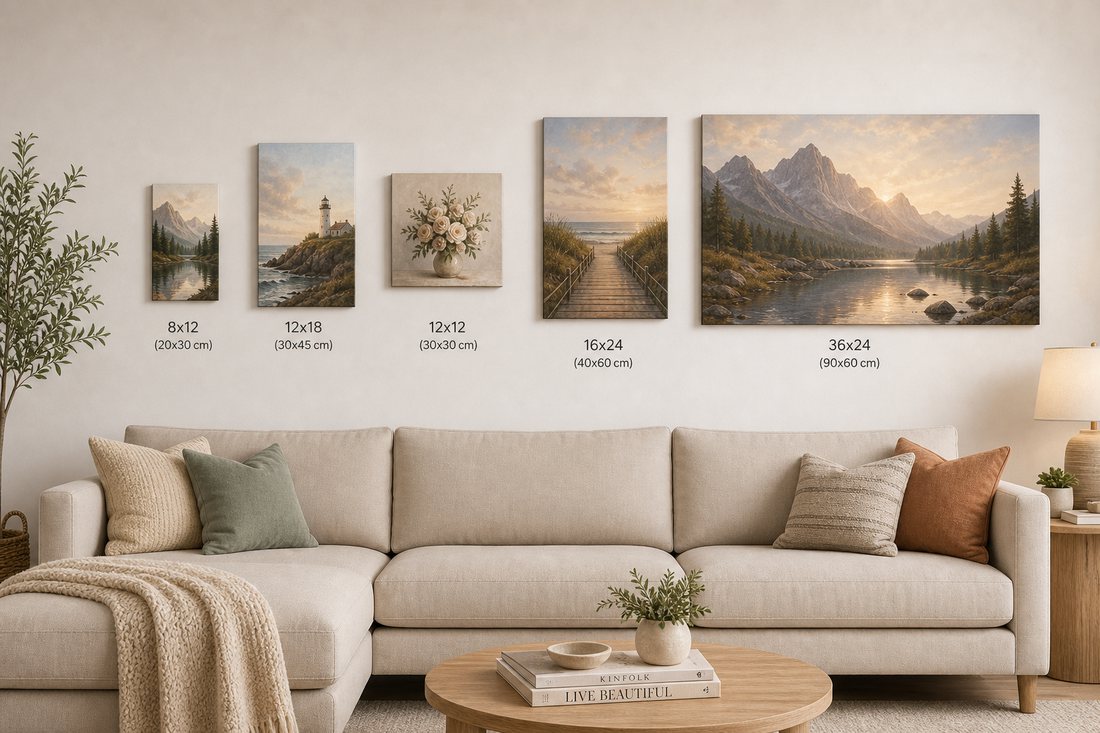 Framed canvas prints arranged above a sofa in a warm, welcoming home