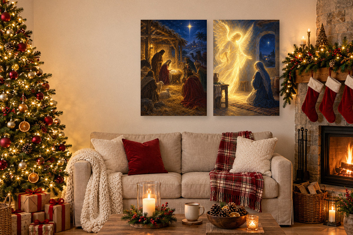 Nativity manger and angel canvases above a Christmas living room sofa