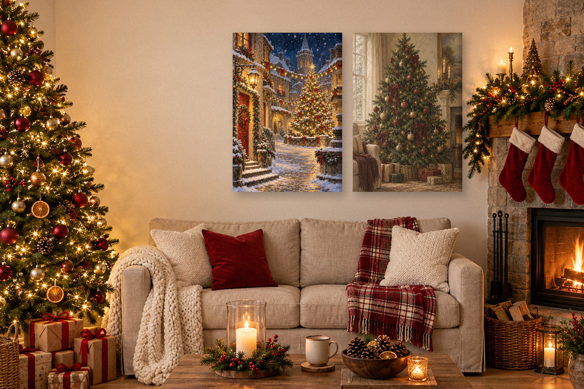 Christmas village and vintage tree canvases above a Christmas living room sofa
