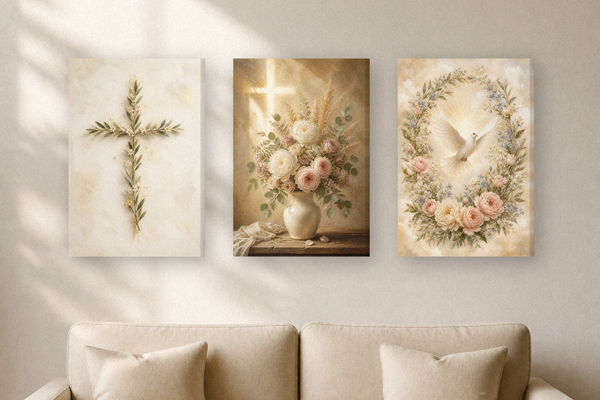 Three faith canvases hung together above a cream sofa