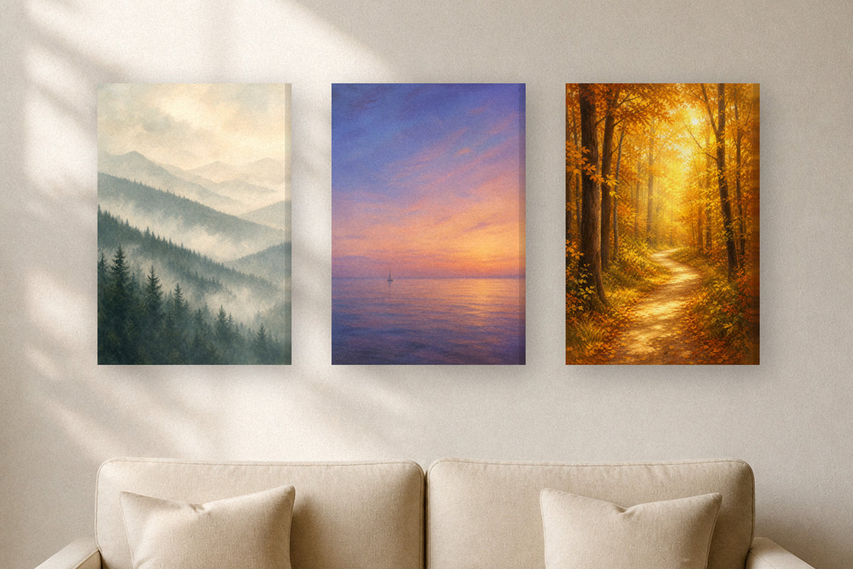 Three landscape canvases above a cream sofa