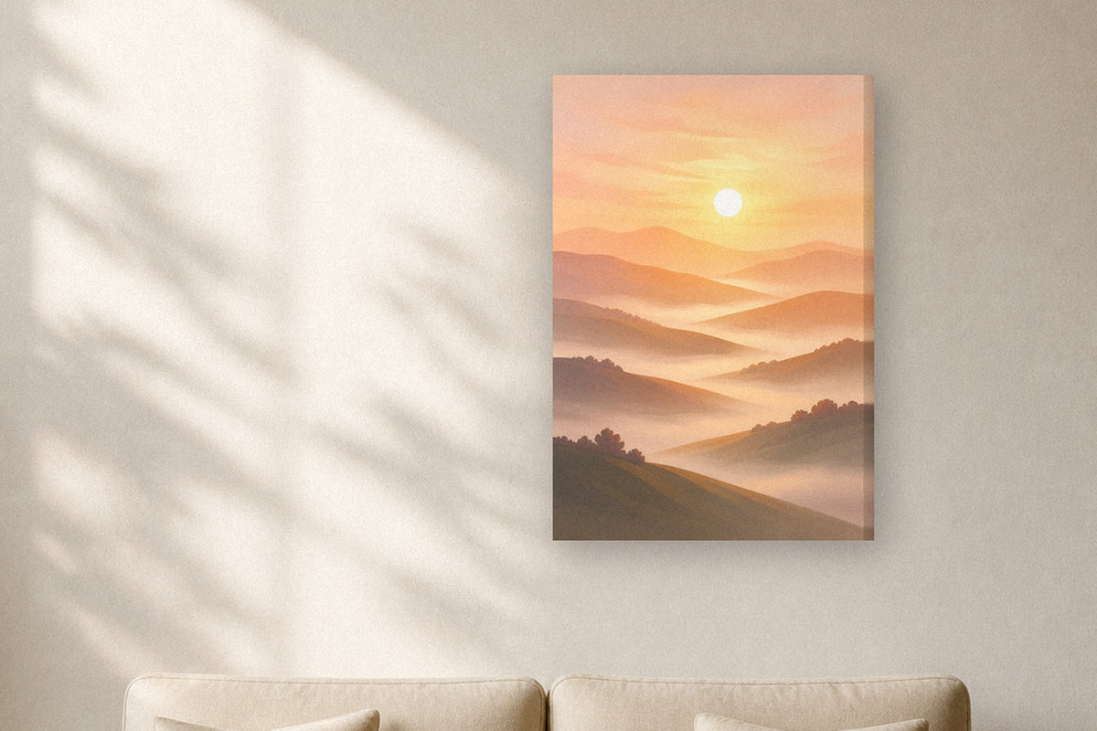 Minimalist canvas art on a sunlit living room wall
