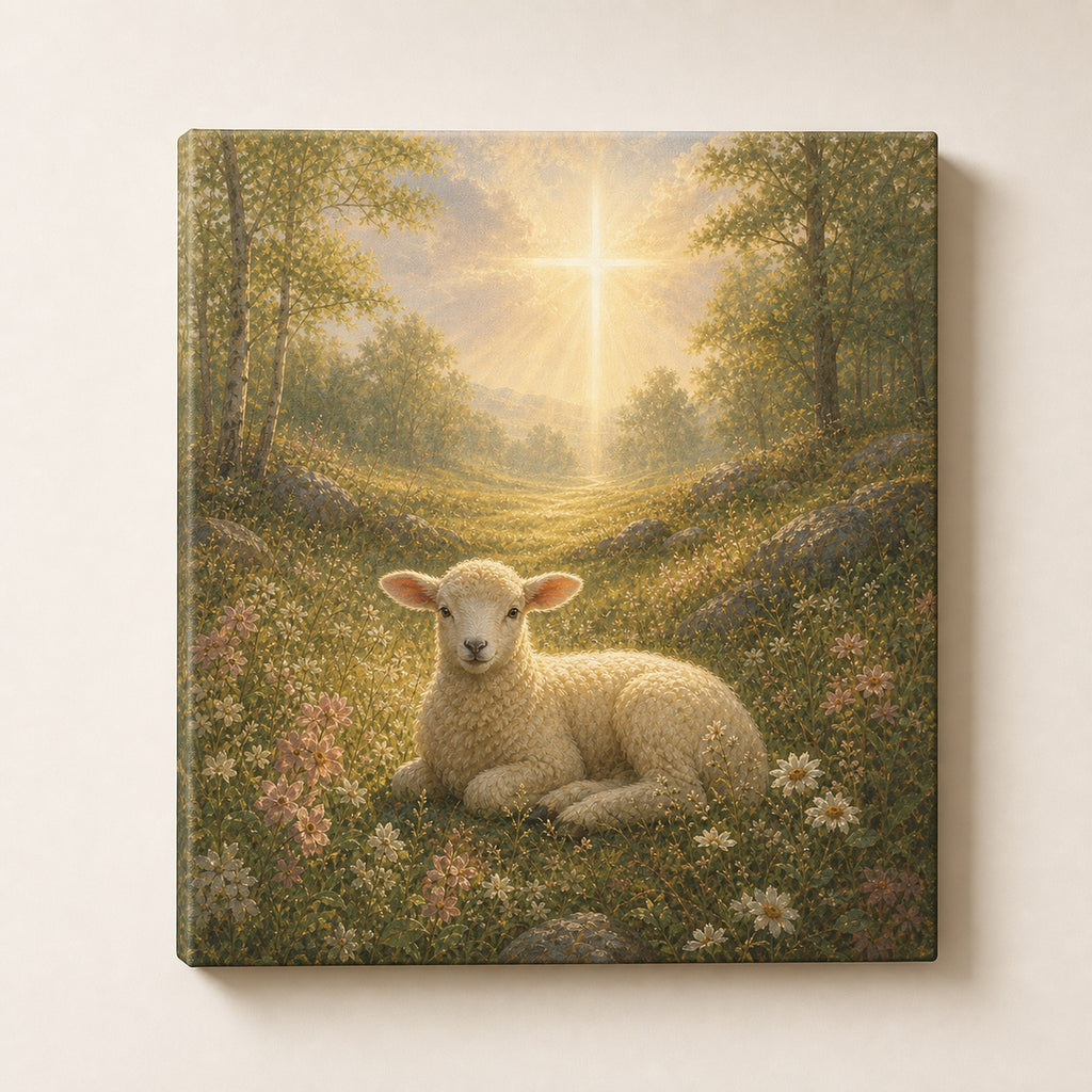 Christian canvas wall art of a white lamb in soft flowers under a beam of golden light.