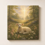 Christian canvas wall art of a white lamb in soft flowers under a beam of golden light.