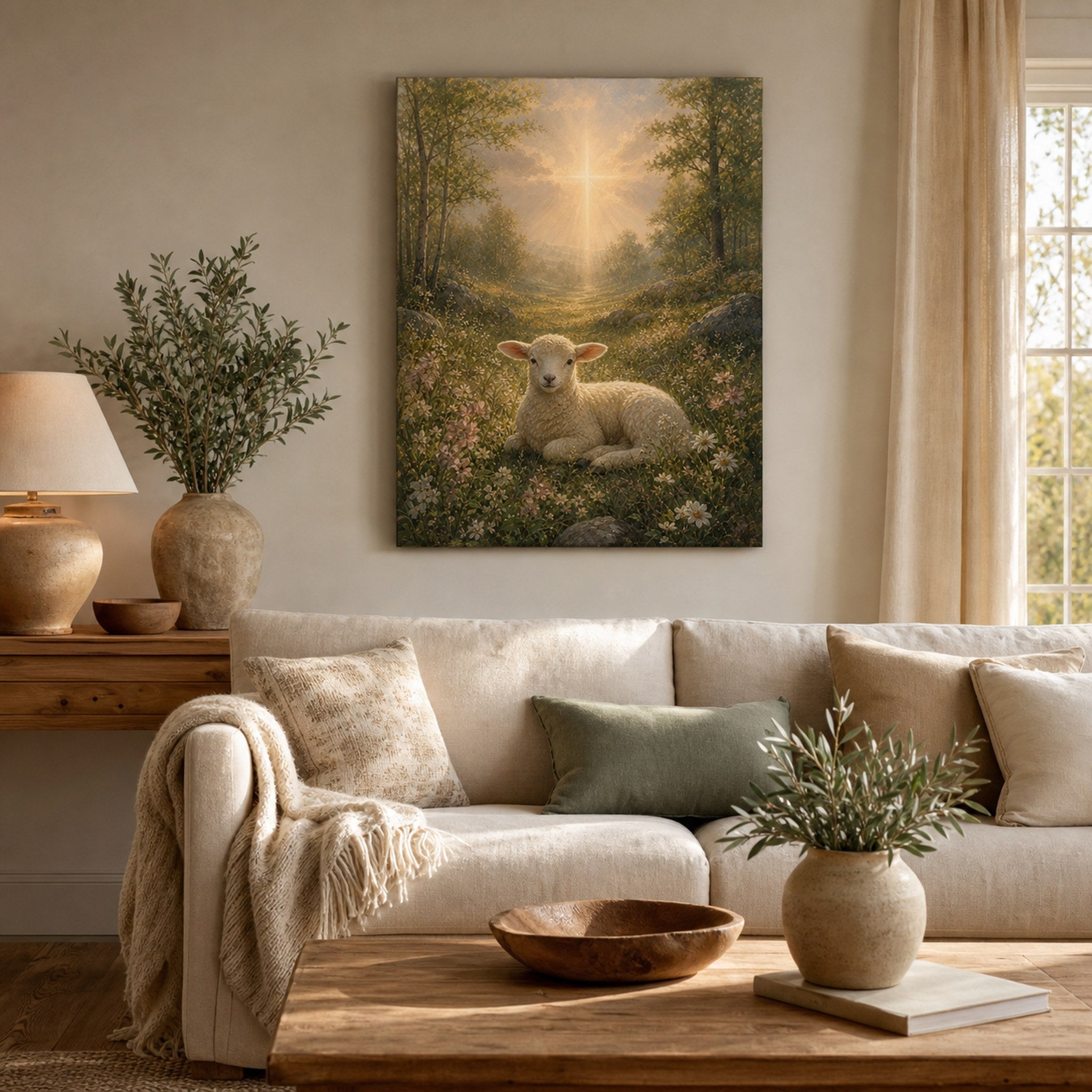 Christian canvas wall art of a white lamb in soft flowers under a beam of golden light.