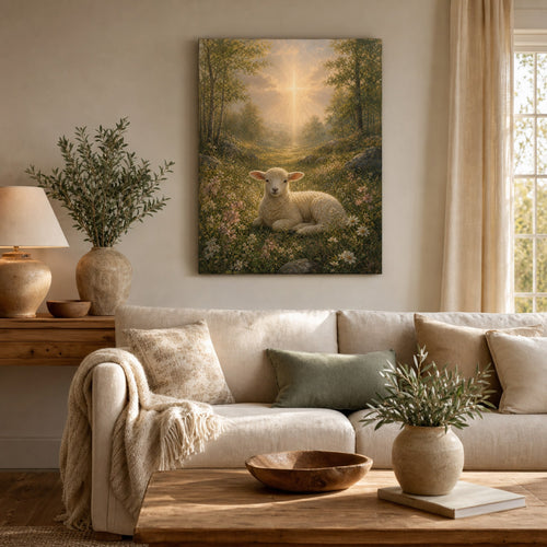 Christian canvas wall art of a white lamb in soft flowers under a beam of golden light.