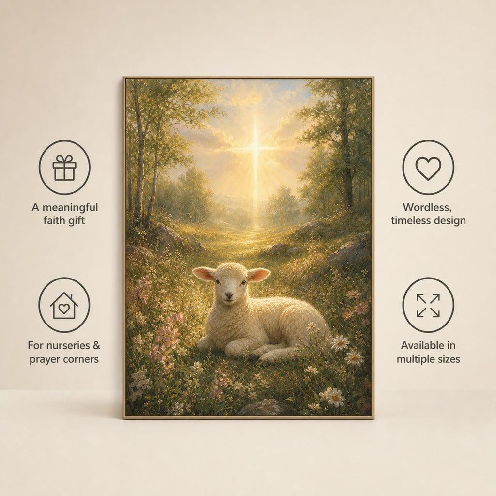Christian canvas wall art of a white lamb in soft flowers under a beam of golden light.