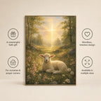 Christian canvas wall art of a white lamb in soft flowers under a beam of golden light.