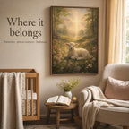 Christian canvas wall art of a white lamb in soft flowers under a beam of golden light.