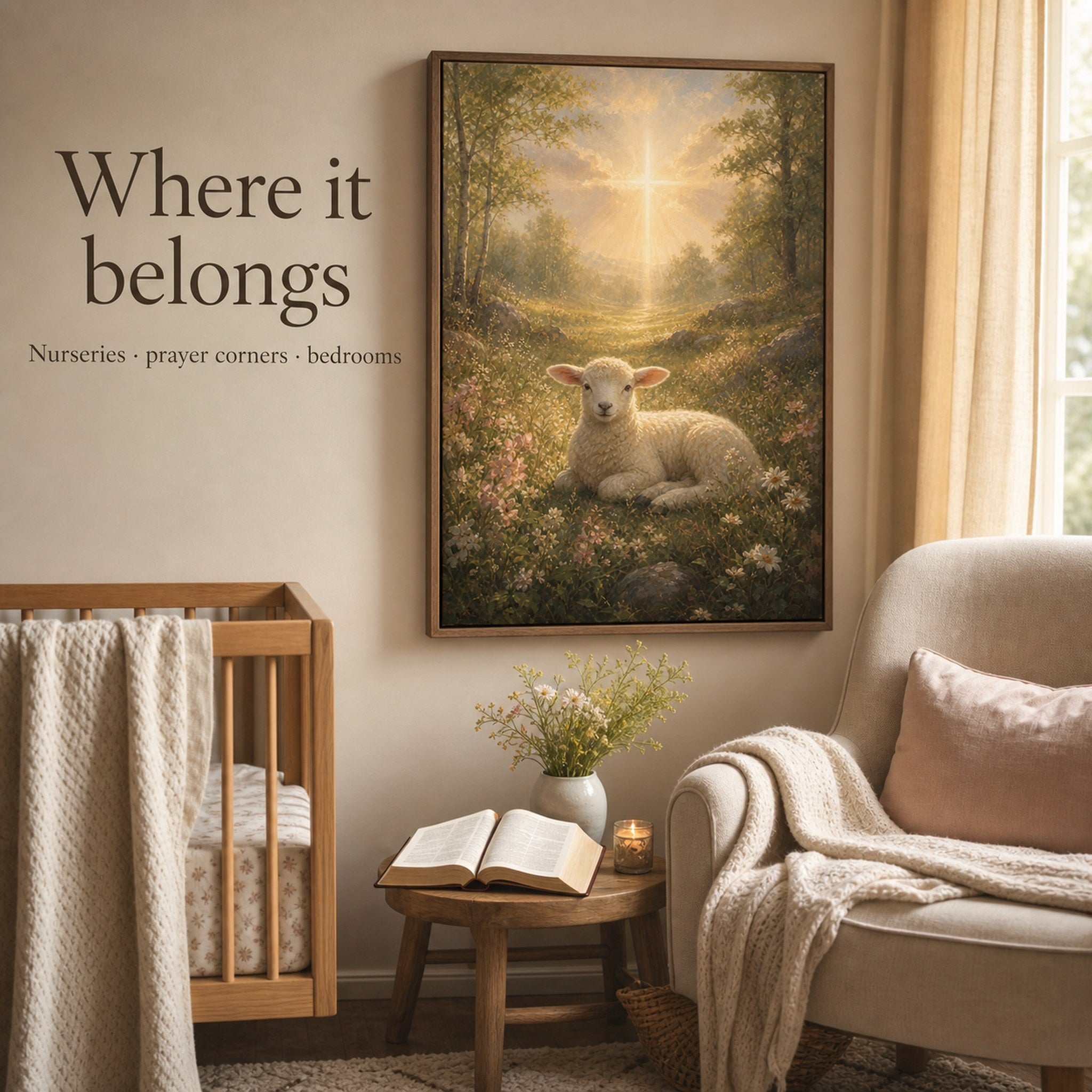 Christian canvas wall art of a white lamb in soft flowers under a beam of golden light.