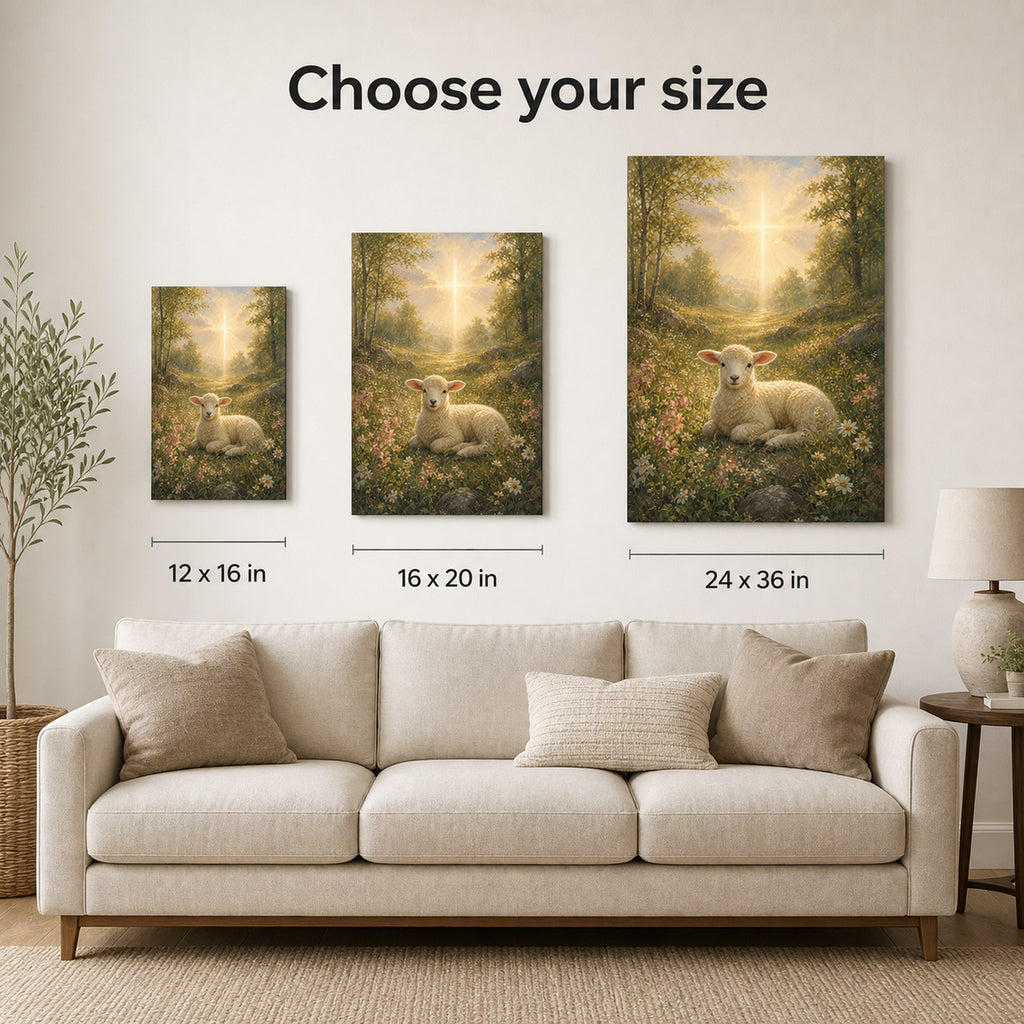 Christian canvas wall art of a white lamb in soft flowers under a beam of golden light.