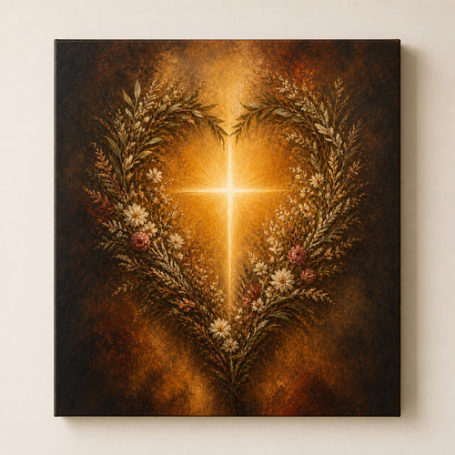 Christian canvas wall art of a heart-shaped wreath of flowers around a glowing cross of light.