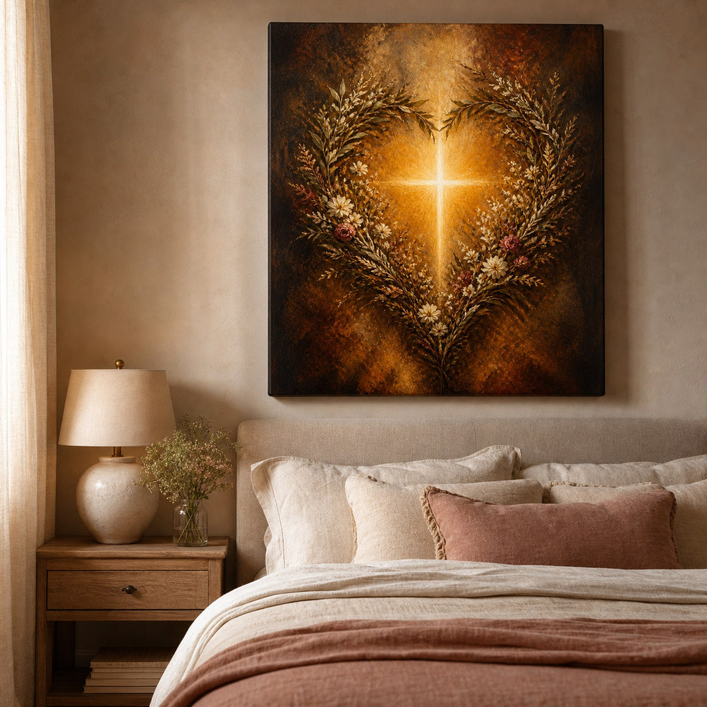 Christian canvas wall art of a heart-shaped wreath of flowers around a glowing cross of light.