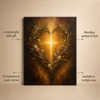 Christian canvas wall art of a heart-shaped wreath of flowers around a glowing cross of light.