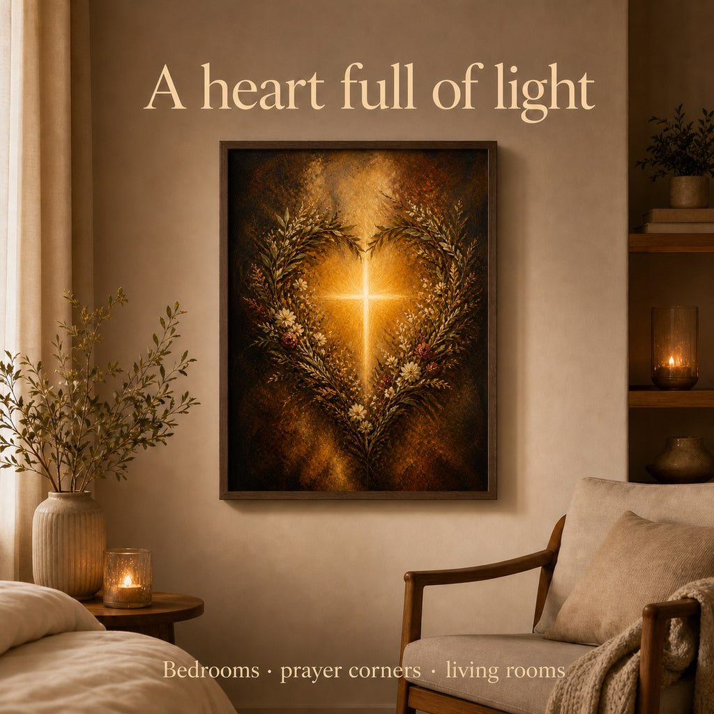 Christian canvas wall art of a heart-shaped wreath of flowers around a glowing cross of light.