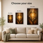 Christian canvas wall art of a heart-shaped wreath of flowers around a glowing cross of light.