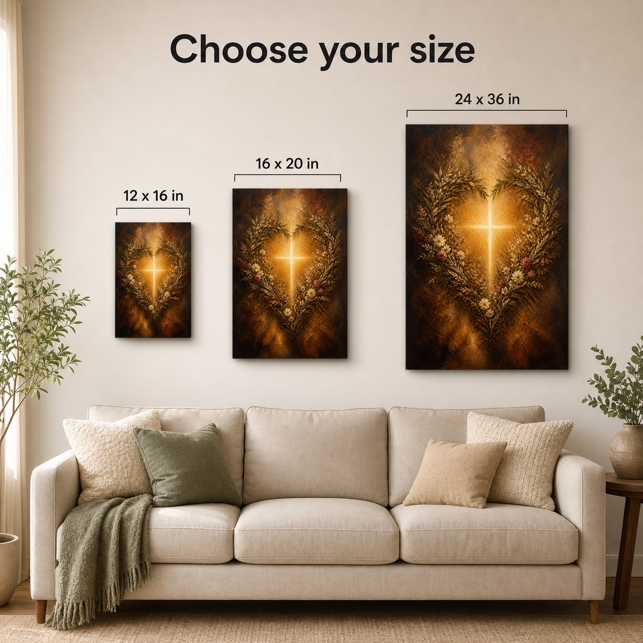 Christian canvas wall art of a heart-shaped wreath of flowers around a glowing cross of light.