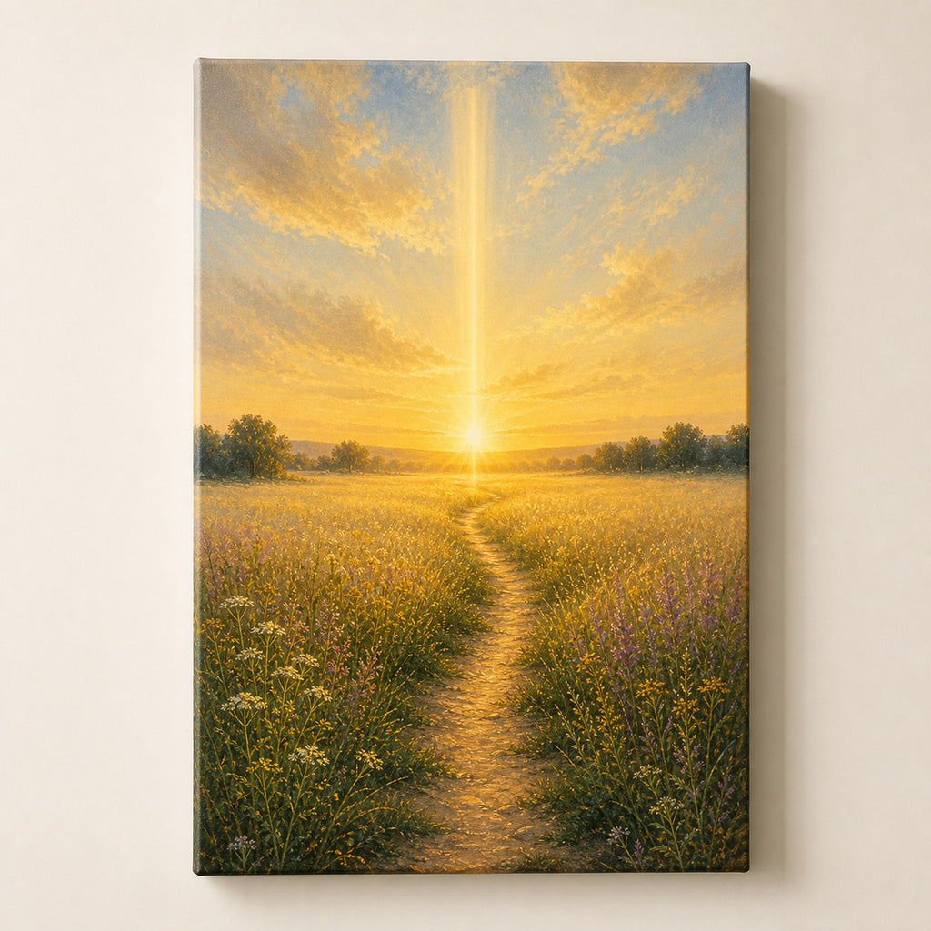 Christian canvas wall art of a sunrise wheat-field path under a beam of golden light from heaven.