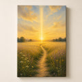 Christian canvas wall art of a sunrise wheat-field path under a beam of golden light from heaven.