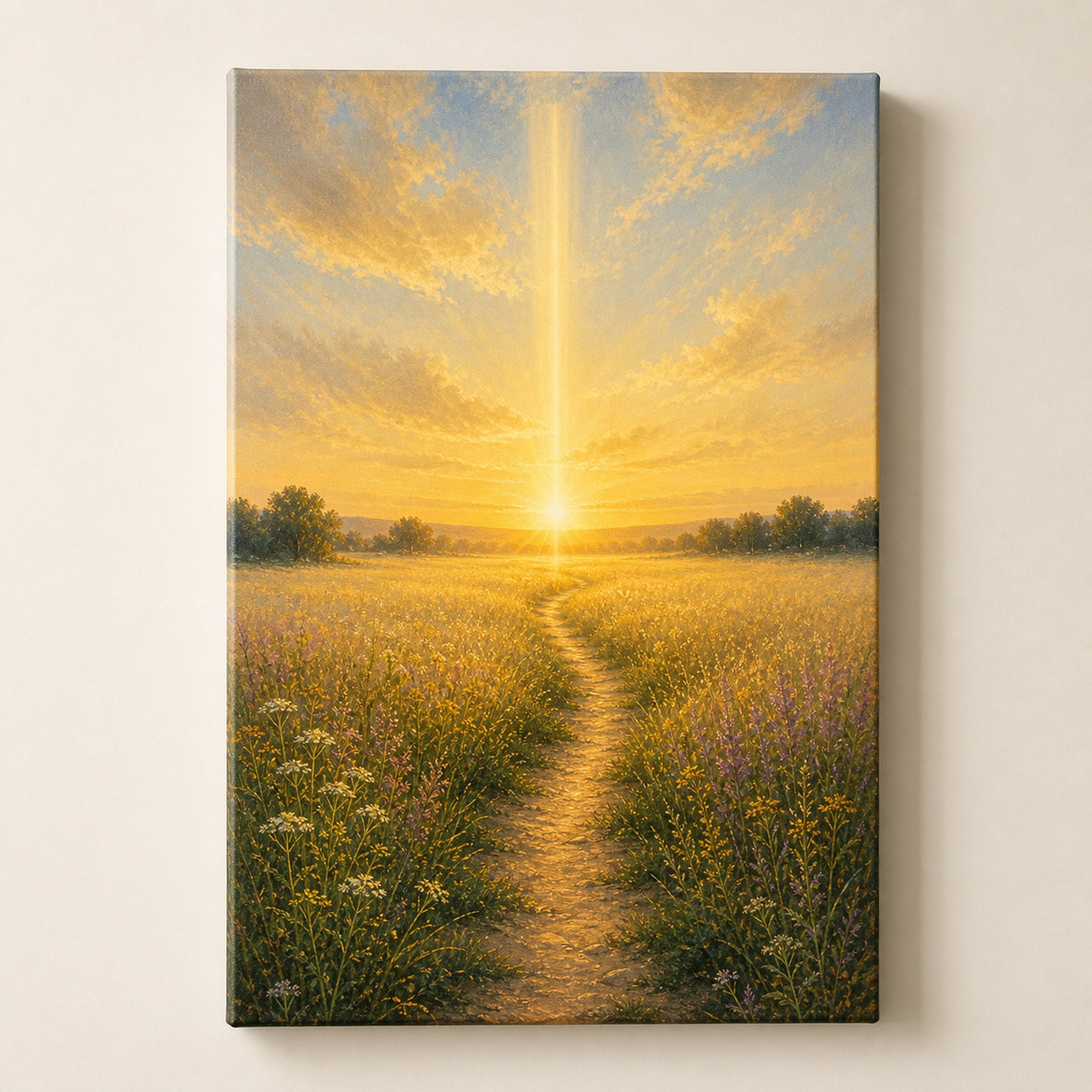 Christian canvas wall art of a sunrise wheat-field path under a beam of golden light from heaven.