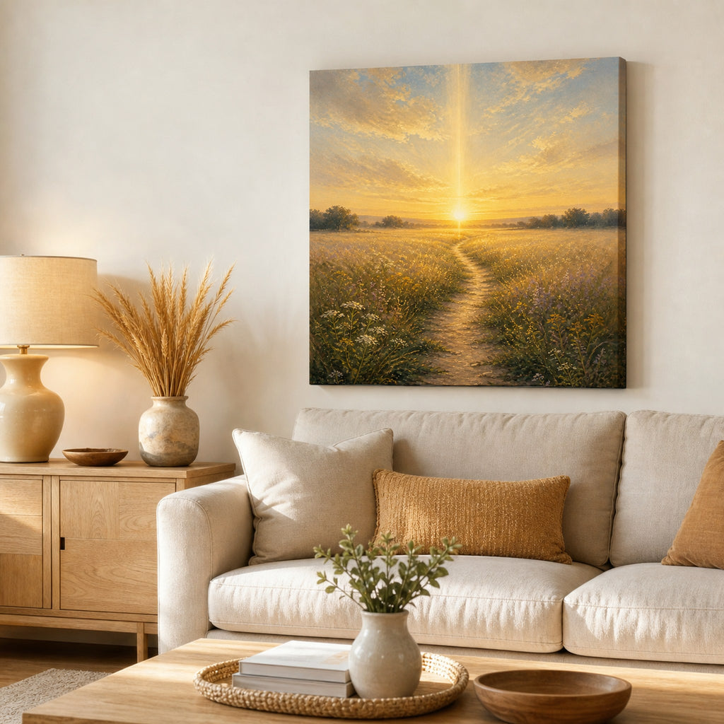 Christian canvas wall art of a sunrise wheat-field path under a beam of golden light from heaven.