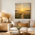 Christian canvas wall art of a sunrise wheat-field path under a beam of golden light from heaven.