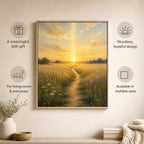 Christian canvas wall art of a sunrise wheat-field path under a beam of golden light from heaven.