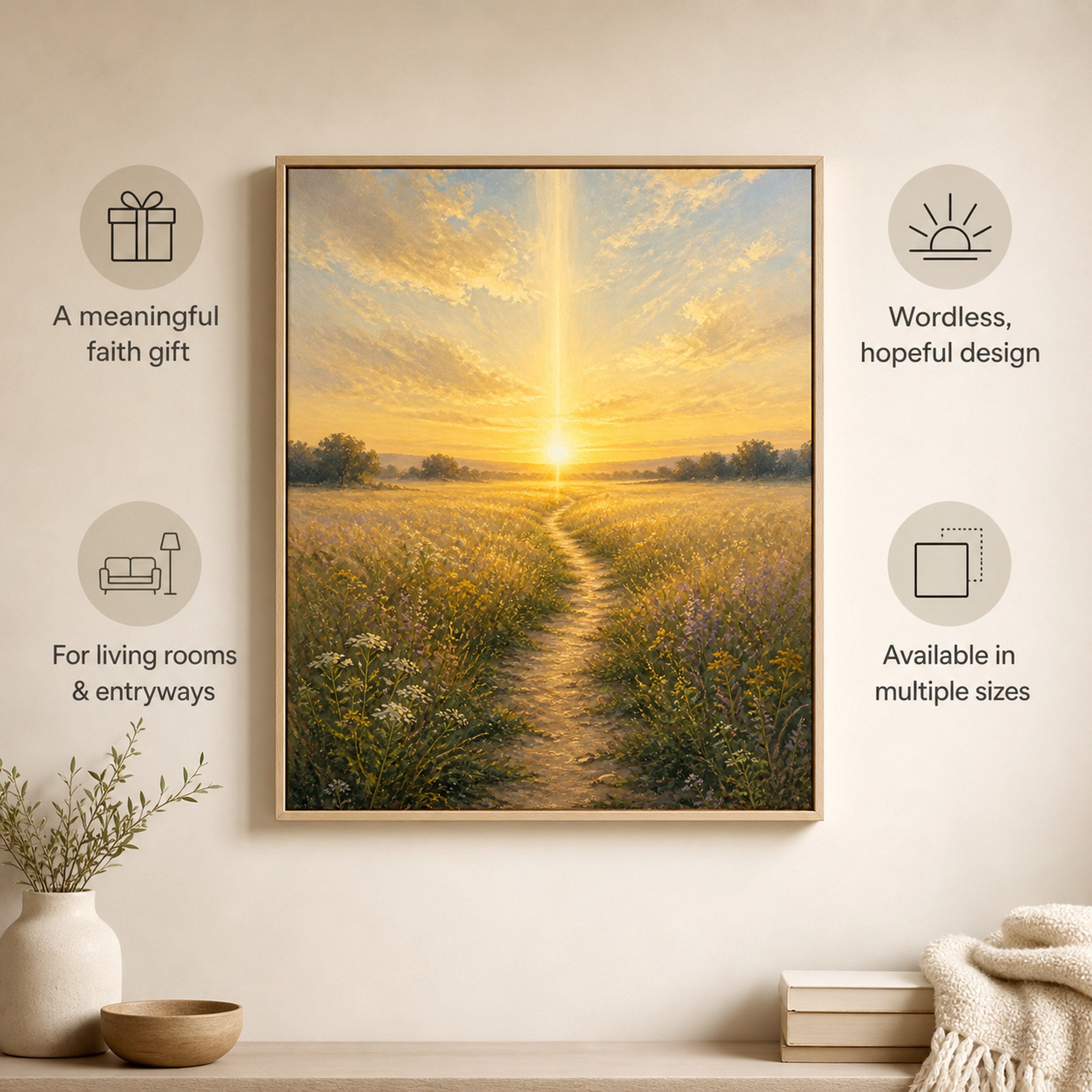 Christian canvas wall art of a sunrise wheat-field path under a beam of golden light from heaven.