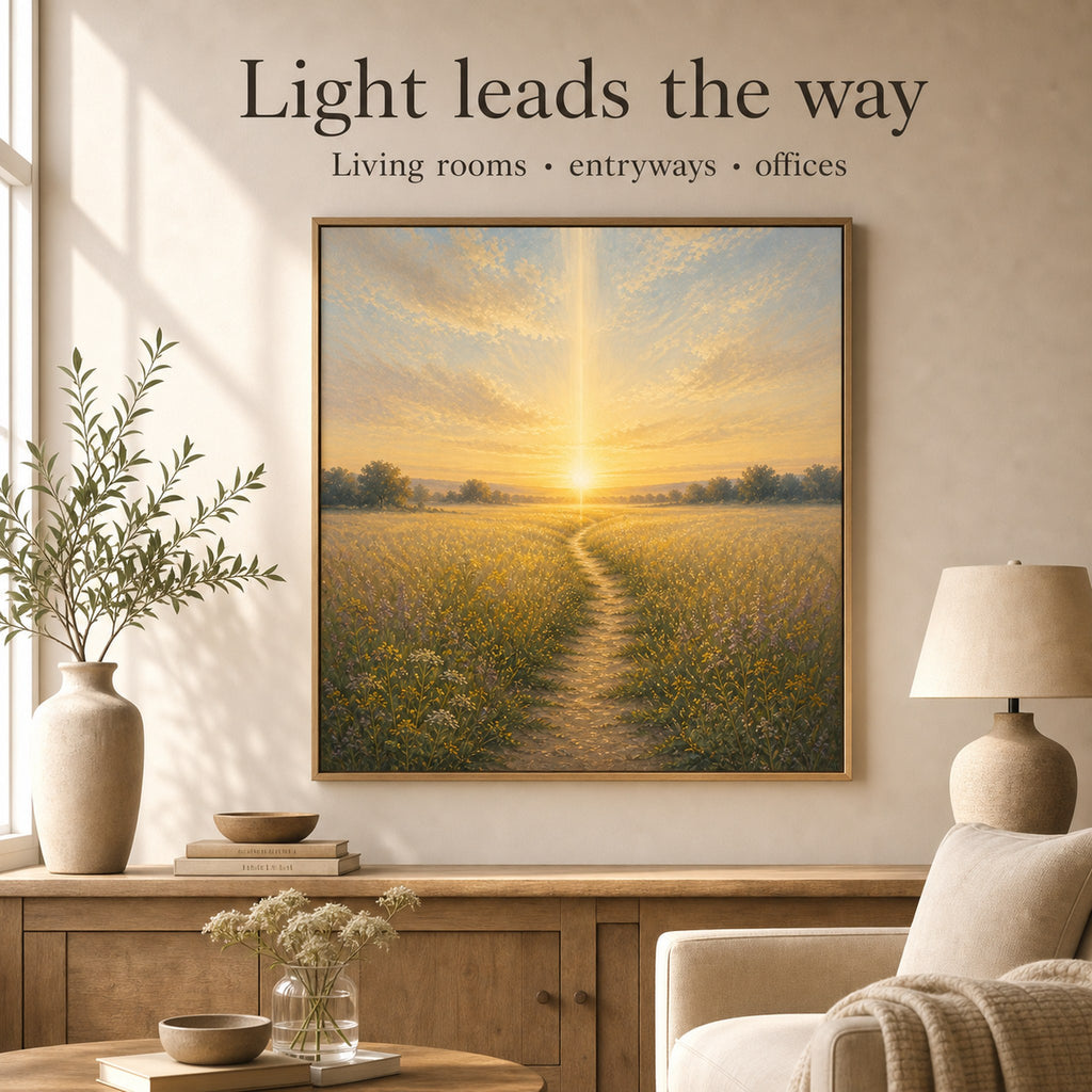 Christian canvas wall art of a sunrise wheat-field path under a beam of golden light from heaven.