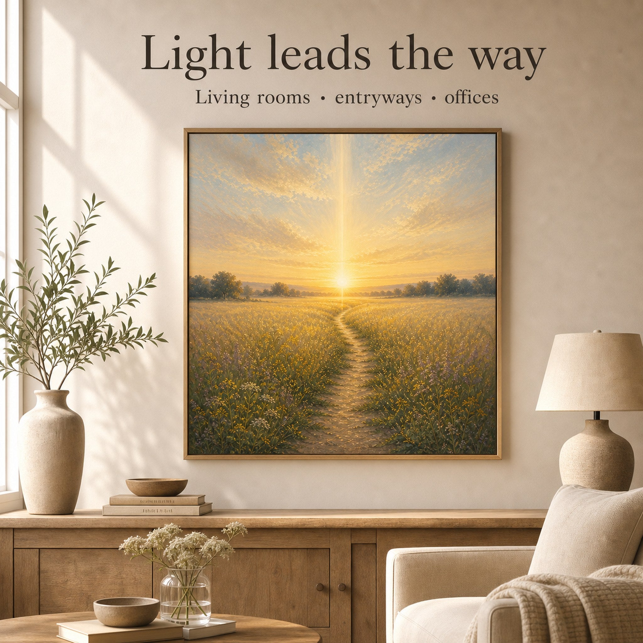 Christian canvas wall art of a sunrise wheat-field path under a beam of golden light from heaven.