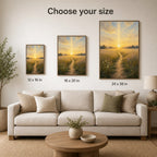 Christian canvas wall art of a sunrise wheat-field path under a beam of golden light from heaven.