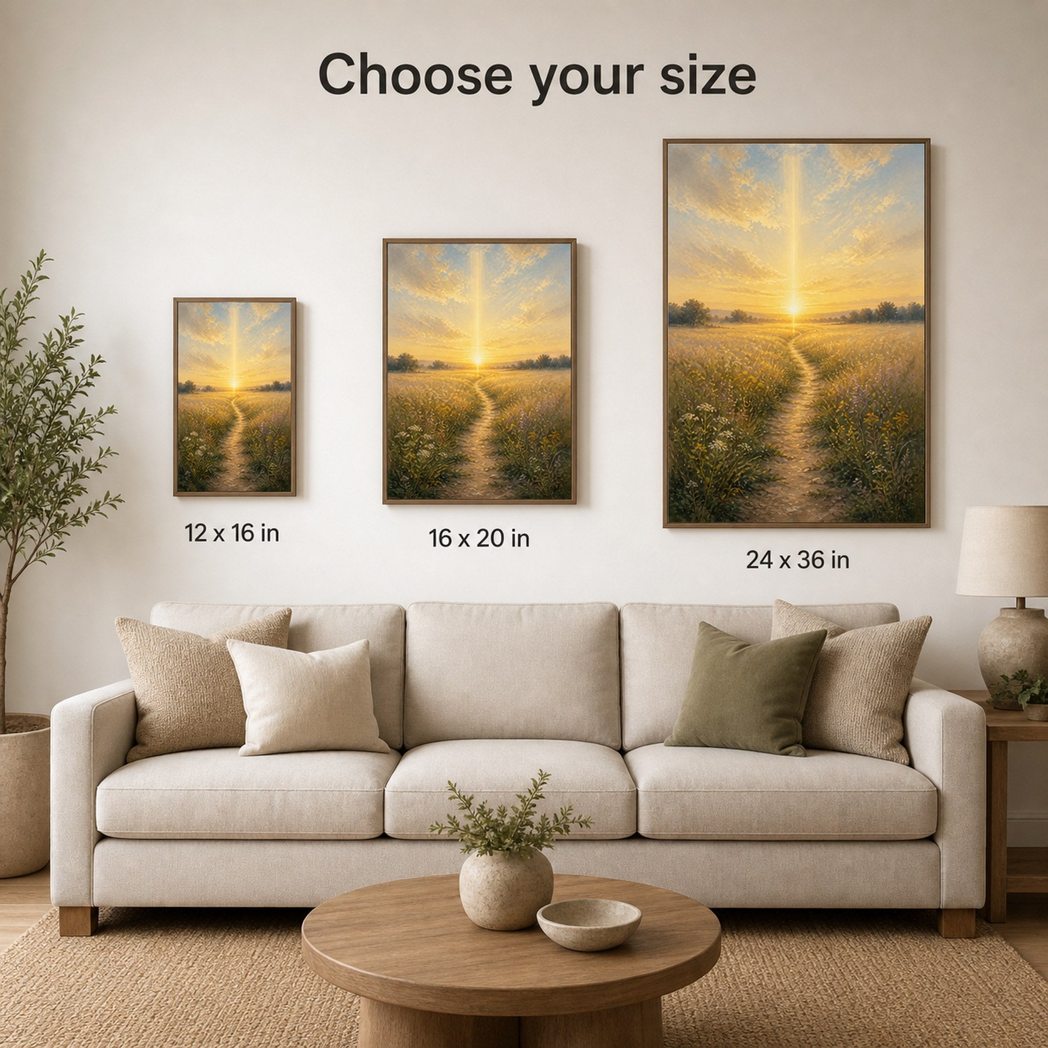 Christian canvas wall art of a sunrise wheat-field path under a beam of golden light from heaven.