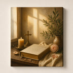 Christian canvas wall art of a sunlit windowsill with an open Bible, candle, cross and pink roses.
