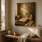 Christian canvas wall art of a sunlit windowsill with an open Bible, candle, cross and pink roses.