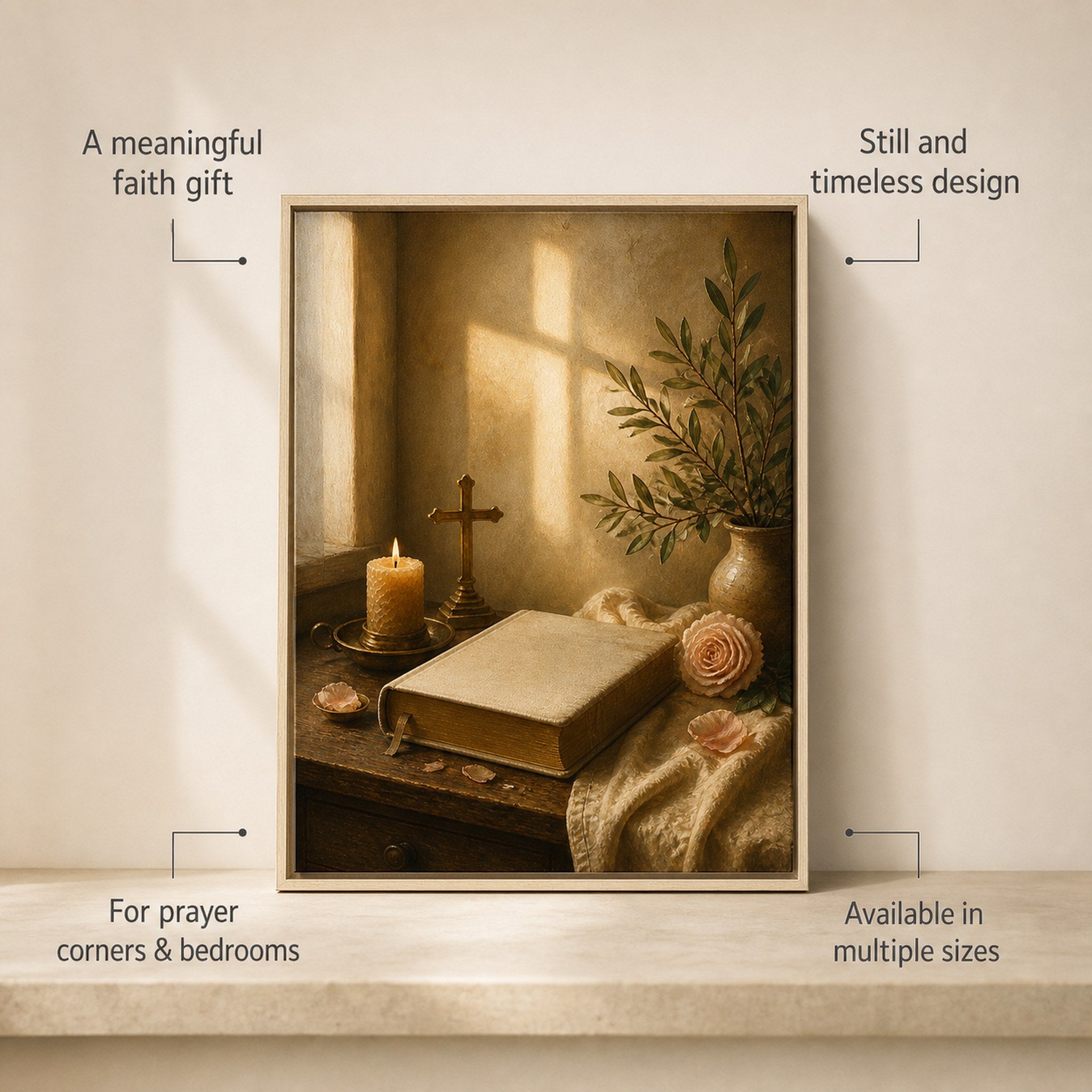Christian canvas wall art of a sunlit windowsill with an open Bible, candle, cross and pink roses.