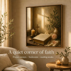 Christian canvas wall art of a sunlit windowsill with an open Bible, candle, cross and pink roses.