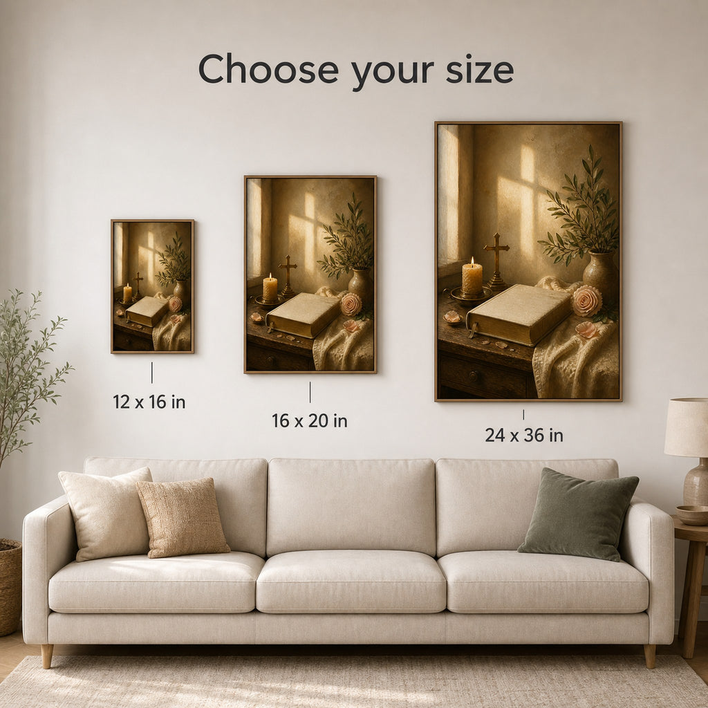 Christian canvas wall art of a sunlit windowsill with an open Bible, candle, cross and pink roses.