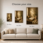 Christian canvas wall art of a sunlit windowsill with an open Bible, candle, cross and pink roses.