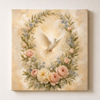 Christian canvas wall art of a luminous white dove descending through a wreath of pink and white roses.