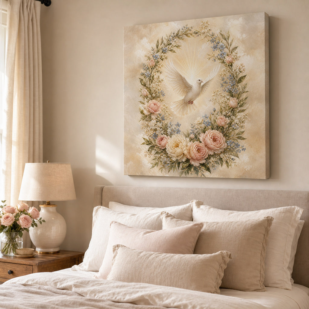 Christian canvas wall art of a luminous white dove descending through a wreath of pink and white roses.