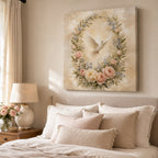 Christian canvas wall art of a luminous white dove descending through a wreath of pink and white roses.