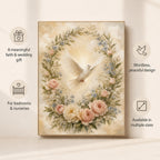 Christian canvas wall art of a luminous white dove descending through a wreath of pink and white roses.