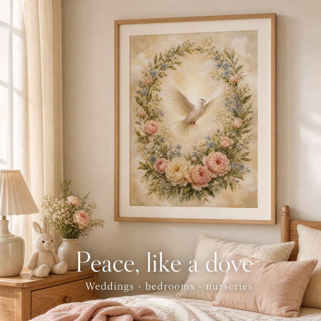 Christian canvas wall art of a luminous white dove descending through a wreath of pink and white roses.