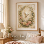 Christian canvas wall art of a luminous white dove descending through a wreath of pink and white roses.