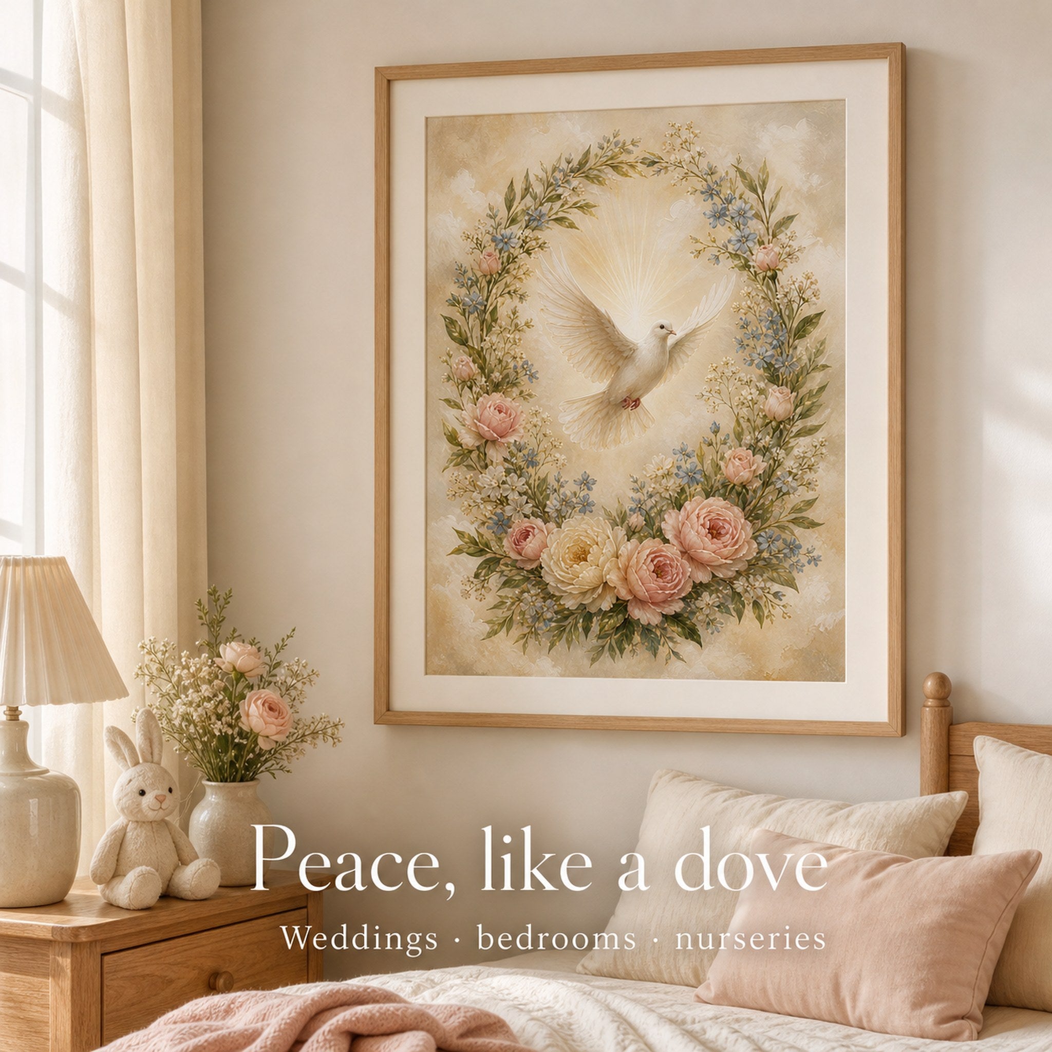 Christian canvas wall art of a luminous white dove descending through a wreath of pink and white roses.